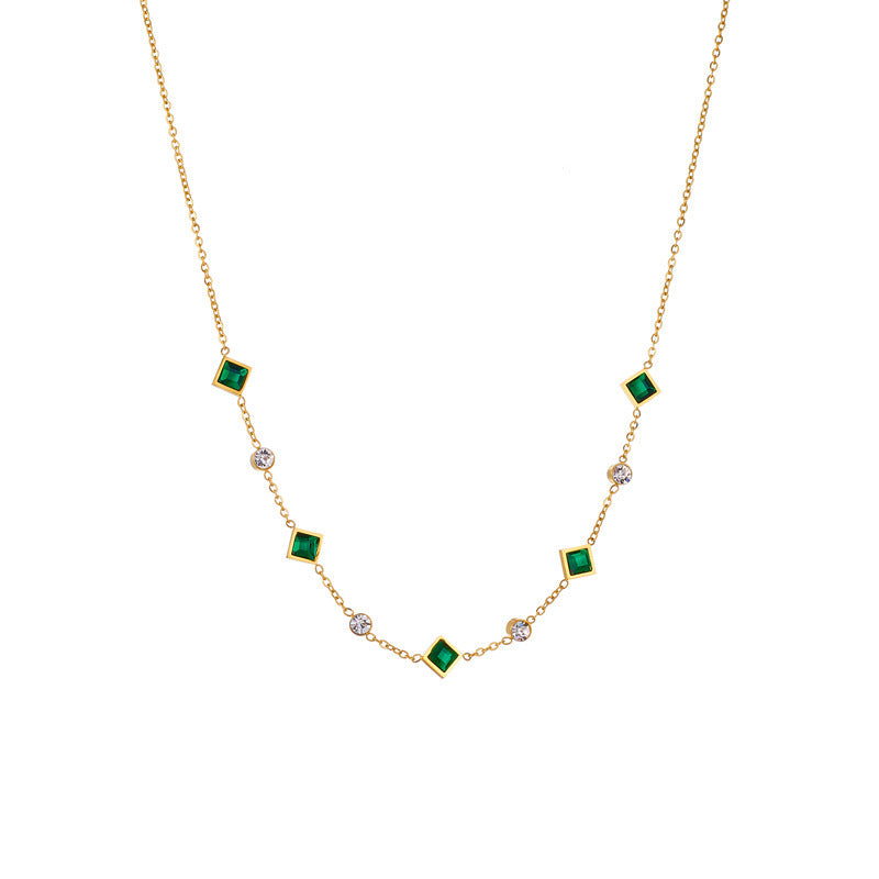 Steel Cube Emerald Zircon Personality Simple Niche Necklaces