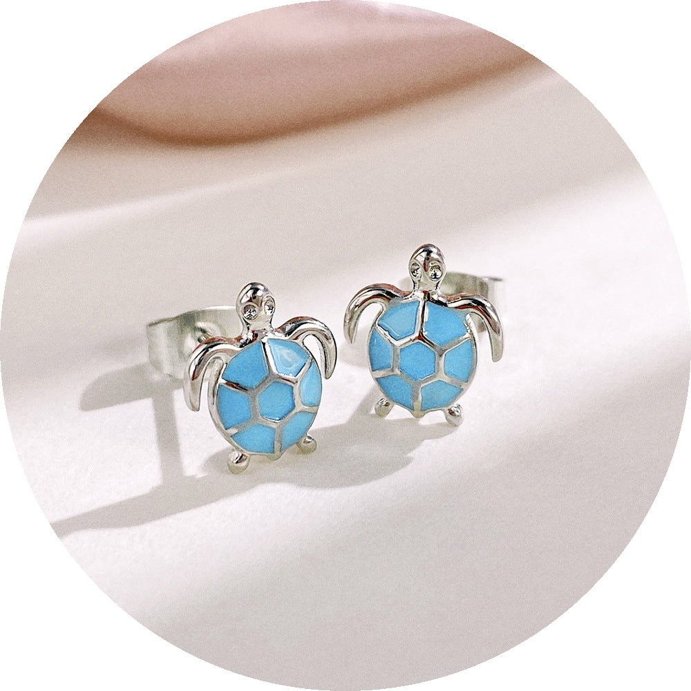 Sier Shi Cute Blue Turtle Ear Dripping Oil Earrings