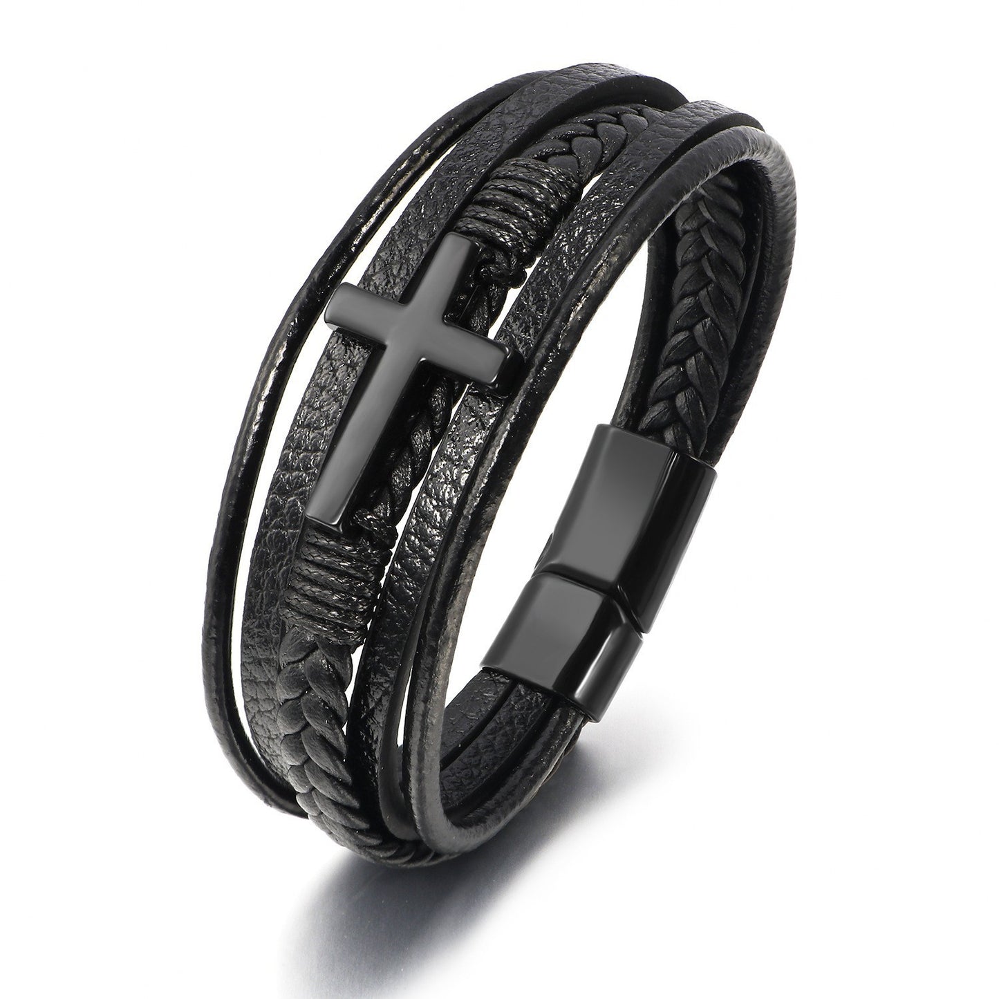 Men's Cross Leather Handmade Braided Rope Magnetic Bracelets