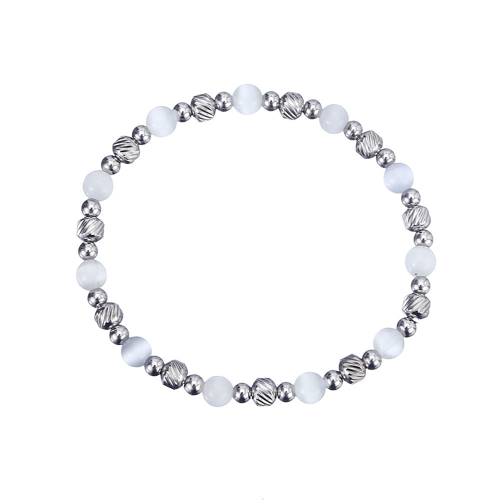 Steel Waterproof Hard-wearing Shiny Opal Round Beads Batch Pattern Elastic Bracelet