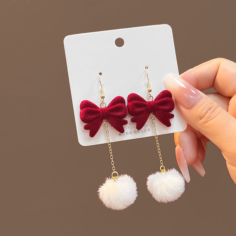 Wine Red Flocking Elegant Atmosphere Bow Rose Earrings