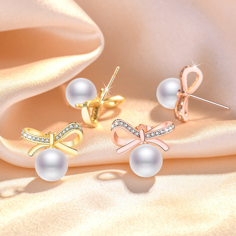 Women's Style Rhinestone Bow Freshwater Pearl Vitality Earrings