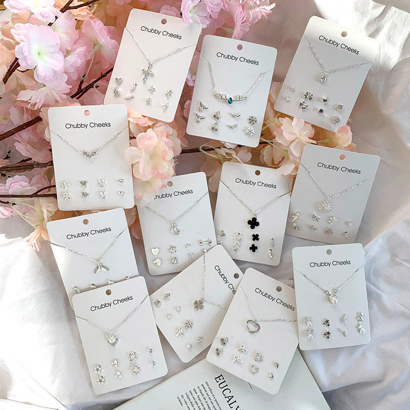 Korean Sier-plated Clover Pearl Heart-shaped Week Ladies Clavicle Chain Rings