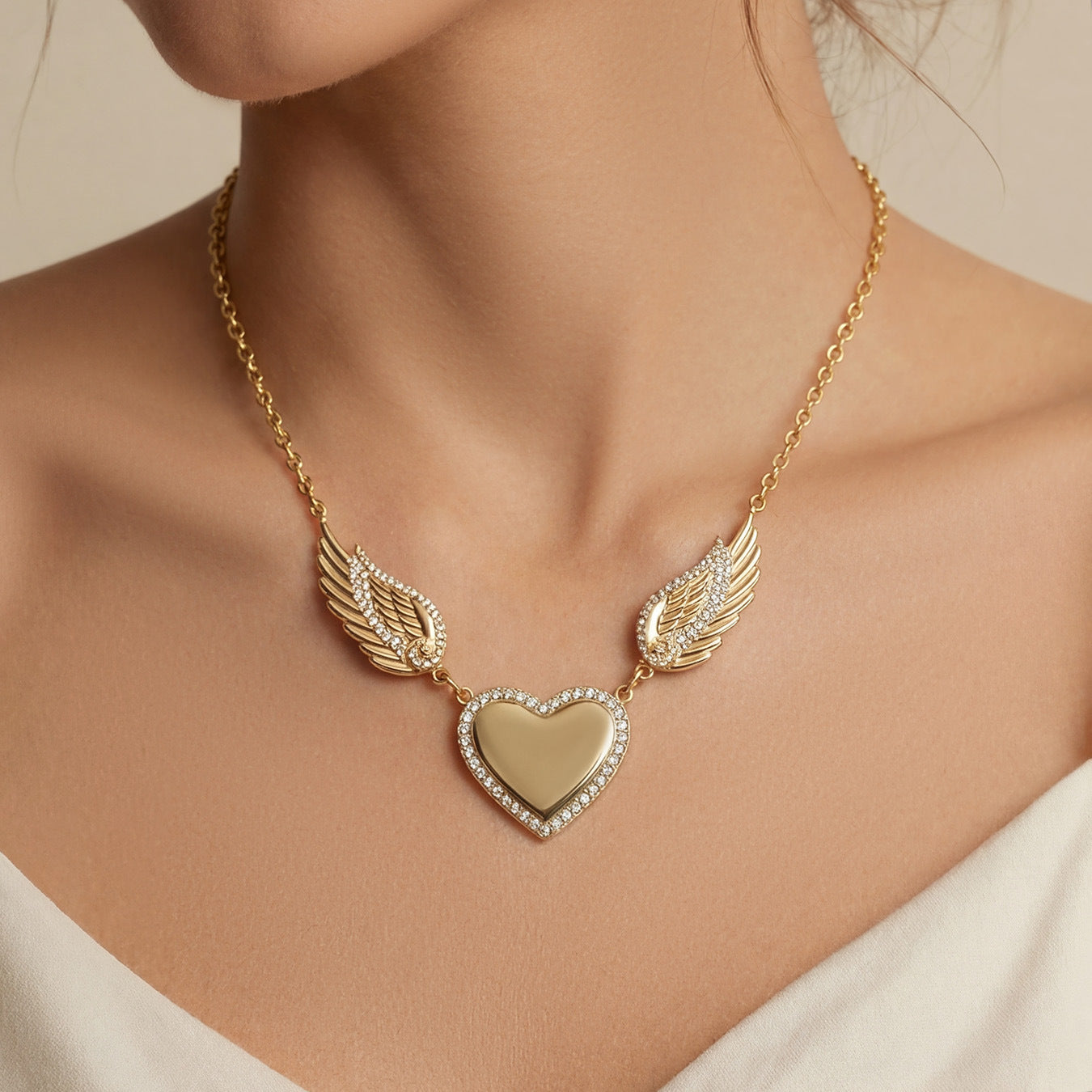 Steel Diamond Wings Double Heart Shape Clavicle Adjustable Opening Super Jewelry Set