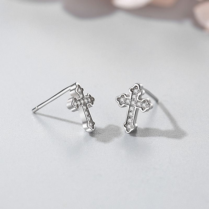 Cross Female Korean Simple Temperamental Rhinestone Design Stud Earrings