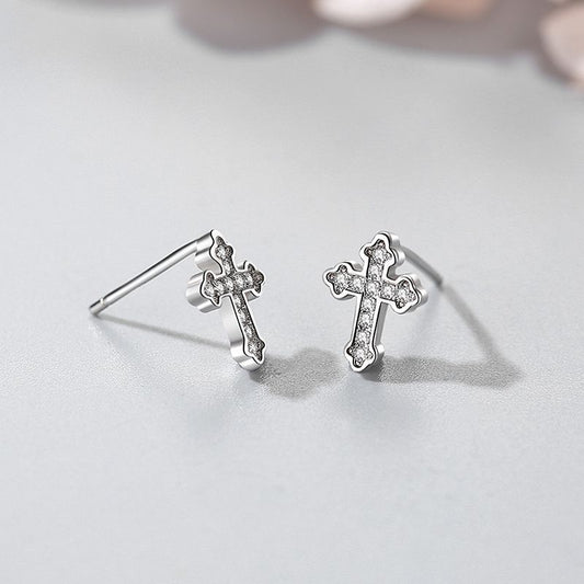Cross Female Korean Simple Temperamental Rhinestone Design Stud Earrings