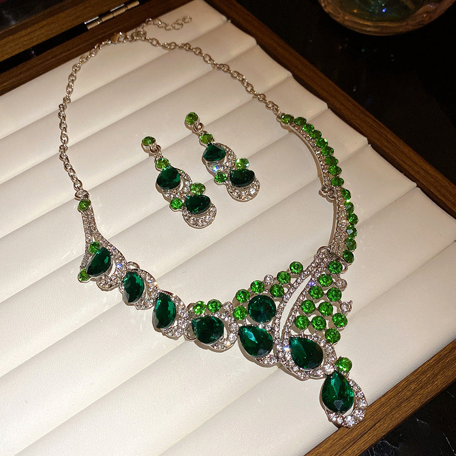 Flower Female Emerald Vintage Clavicle Chain Earrings