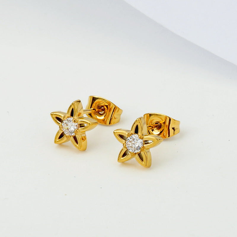 Women's Titanium Steel Inlaid Zircon Four Leaf Clover Ear High-grade Gold Stud Earrings