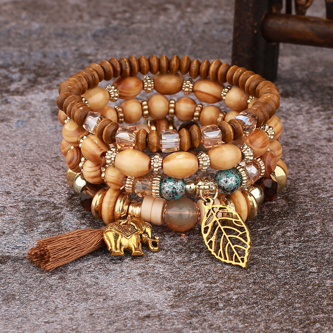 Bohemian Style Wooden Bead Beaded Elastic Elephant Bracelets