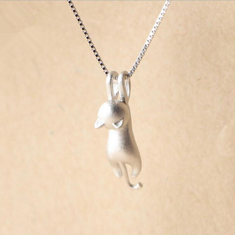 Sterling Sier Cute Sandblasted Cat Korean Style Necklaces