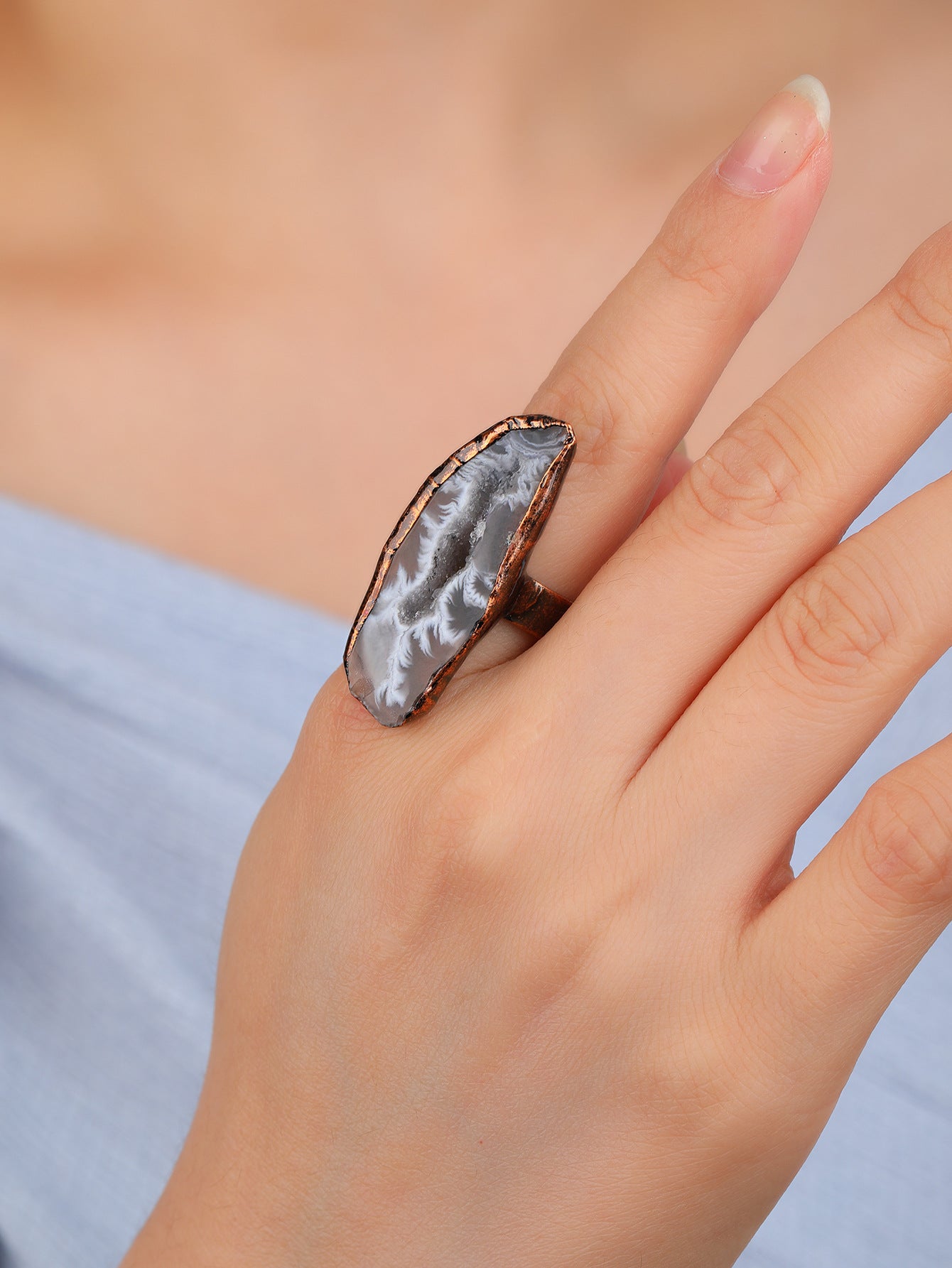 Retro Style Natural Egg Agate Crystal Hole Unshaped Opening Adjustable Ring