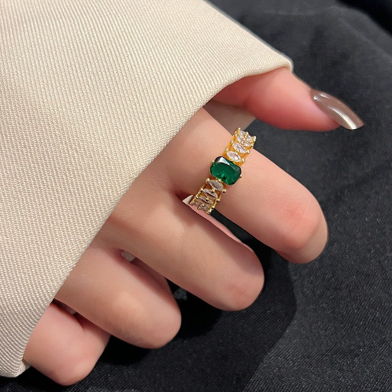 Fashion Retro Style Green Inlaid Zircon Female Simple Cold Rings