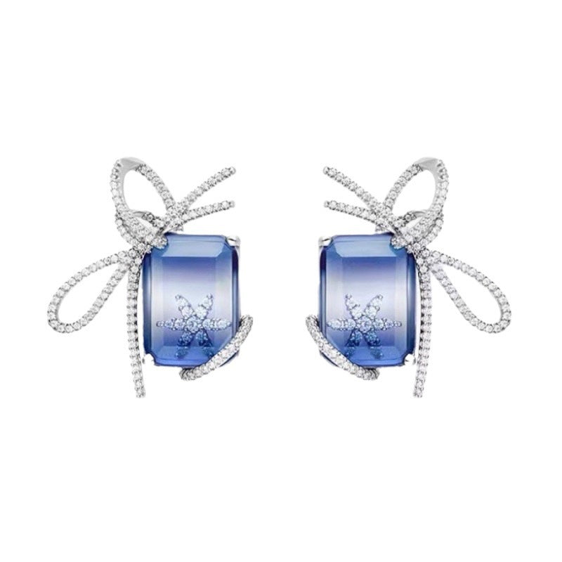 Lux Ocean Blue Crystal Elegant Bow Niche Earrings