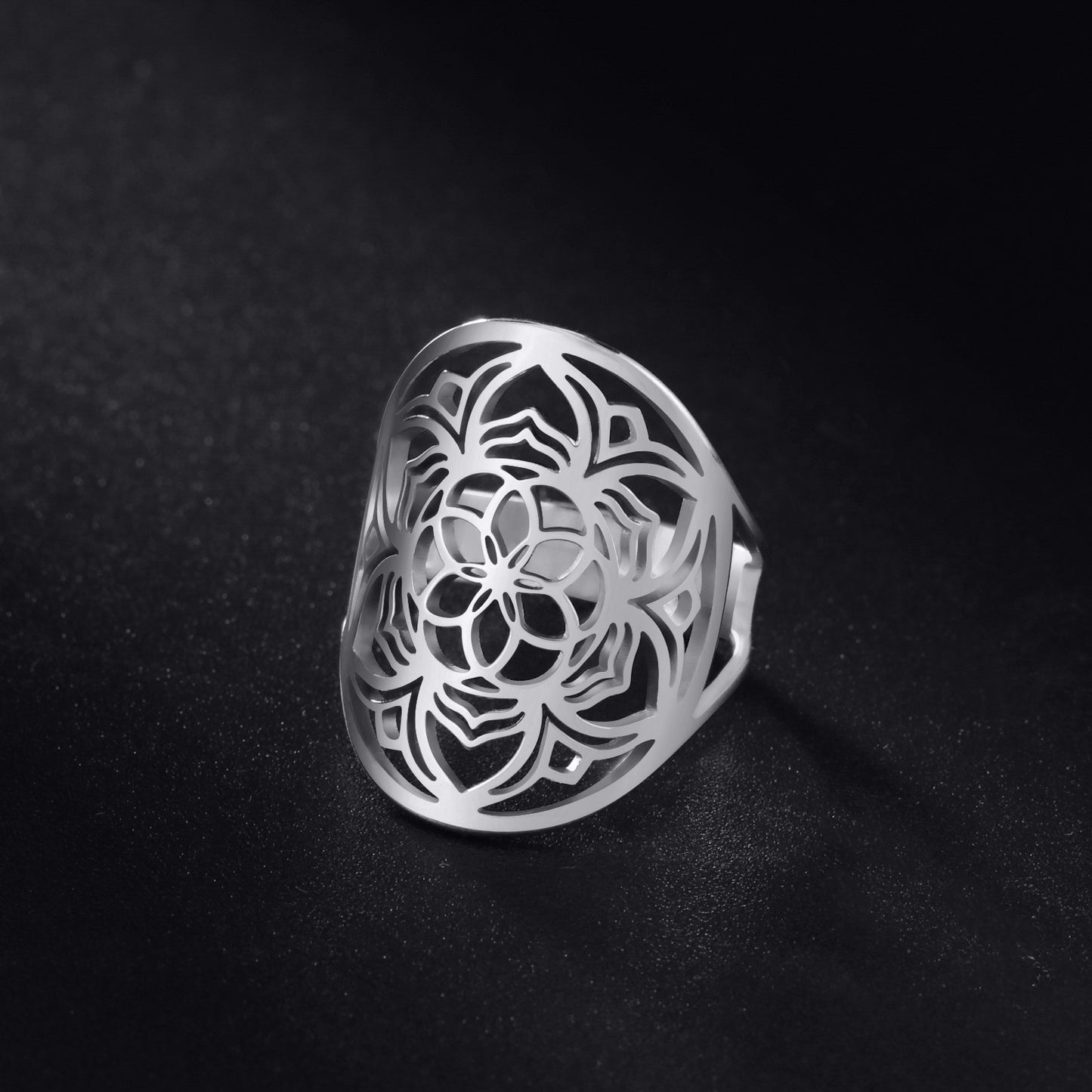 Small Titanium Steel Cut Hollow Exaggerated Hip Hop Hexapetalous Flowers Ring