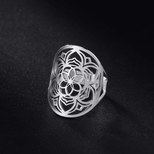 Small Titanium Steel Cut Hollow Exaggerated Hip Hop Hexapetalous Flowers Ring