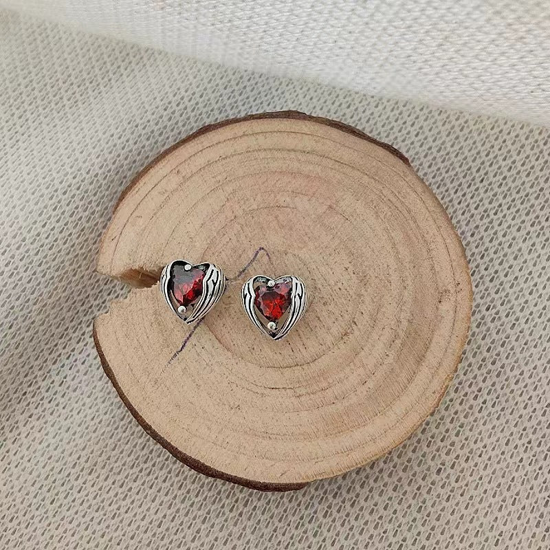 Sier Needle Red Loving Heart Zircon Ear Bone Female Earrings