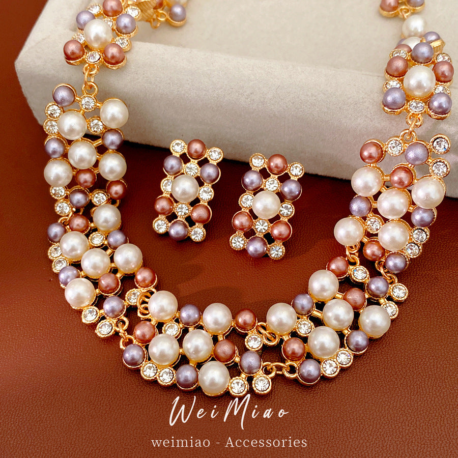 Women's Middle Ancient Diamond Beaded Pearl Ear Light Luxury Minority Clavicle Necklaces