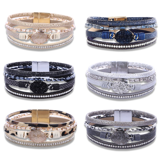 Women's White Crystal Diamond Woven Leather Vintage Bracelets