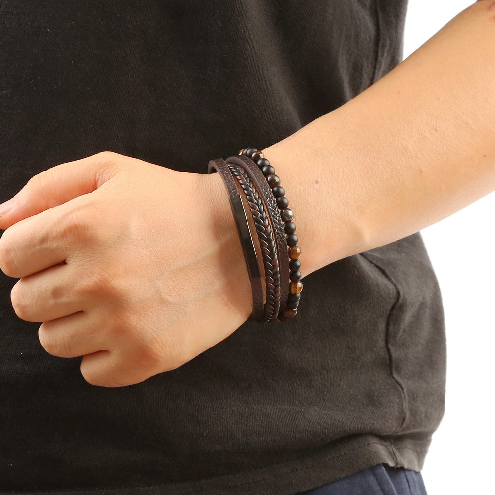 Men's Natural Stone Vintage Leather Hand-woven Alloy Bracelets