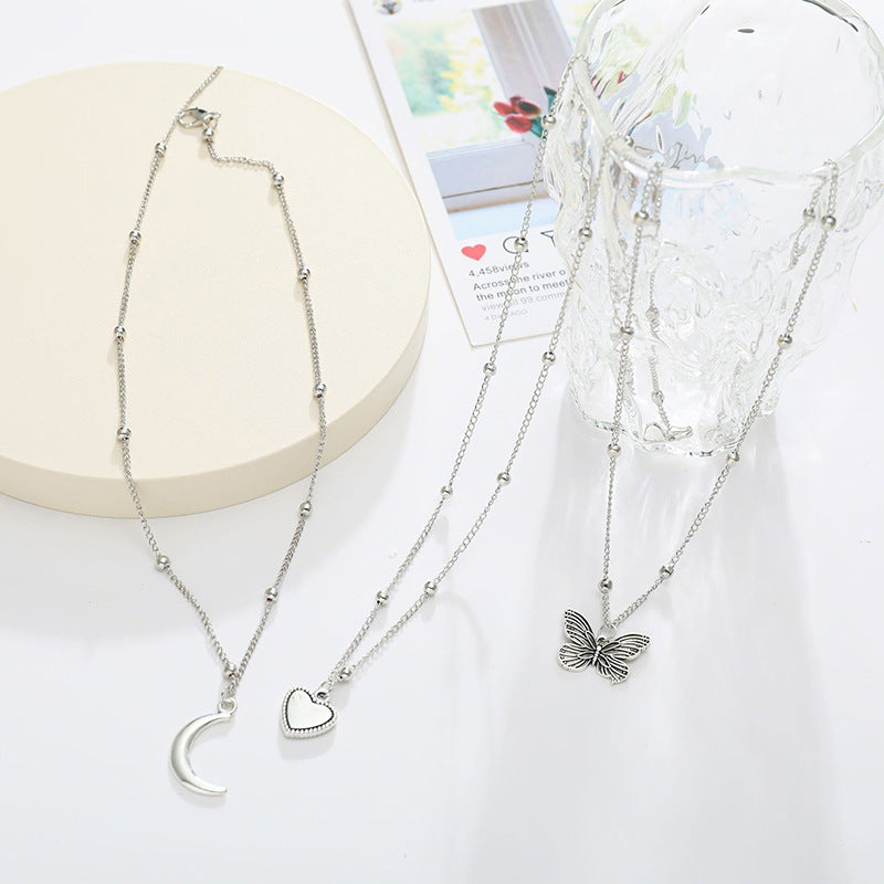 Creative Moon Butterfly Love Set Simple Elegant Sier Necklaces