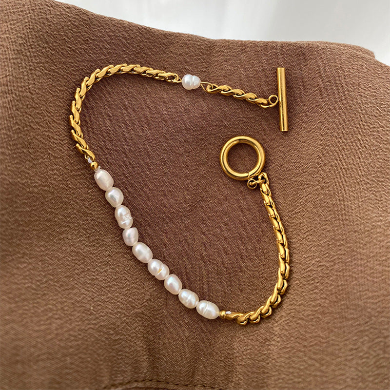 Women's Pearl Chain Asymmetric Design Minority Simple Buckle Bracelet