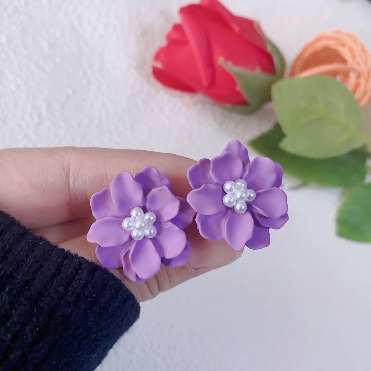 Sier Needle Korean Style Purple Resin Flower Design Light Luxury Rings