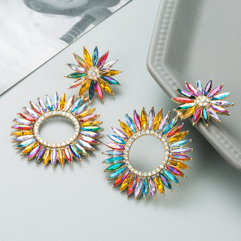 Color Sunflower Alloy Diamond Long Eardrop Earrings