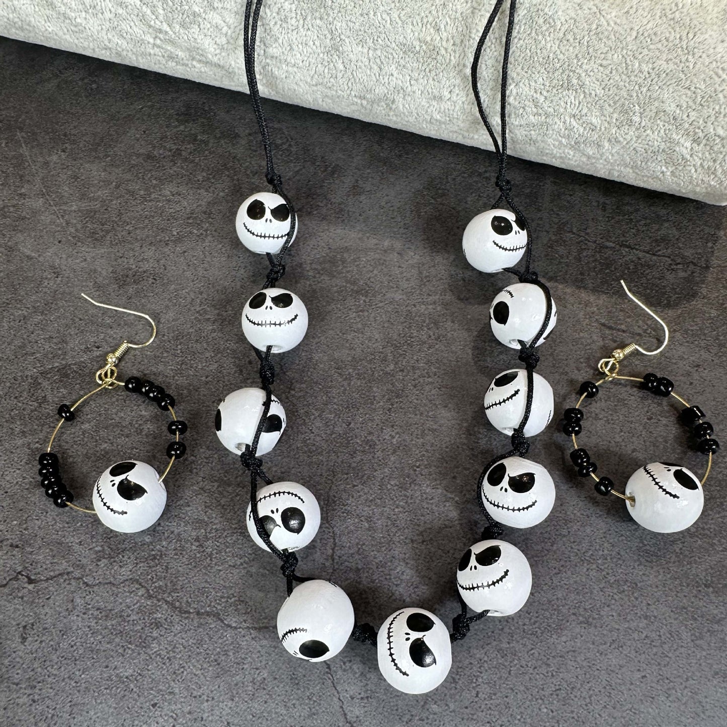 Personalized Halloween Wooden Bead Adjustable Black And White Earrings