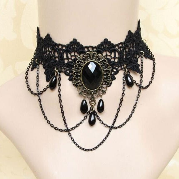 Wide Exaggerated Tassel Party Queen Gem Black Necklace