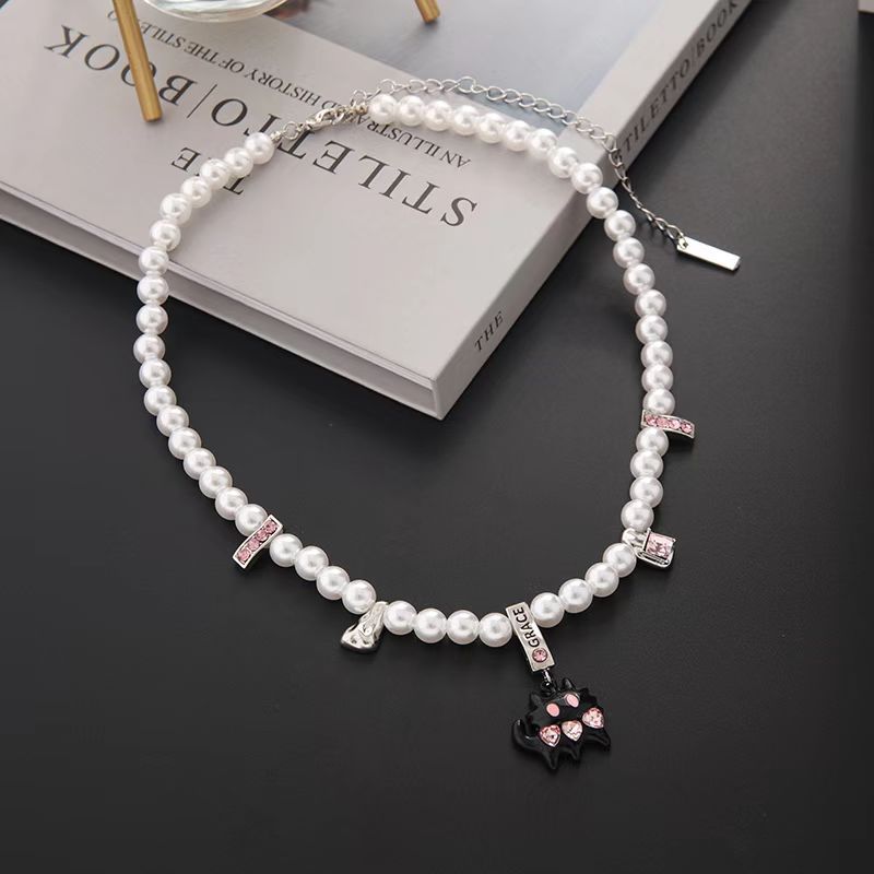 Colliers de niche pour femmes, chat noir, nœud papillon, perles, strass