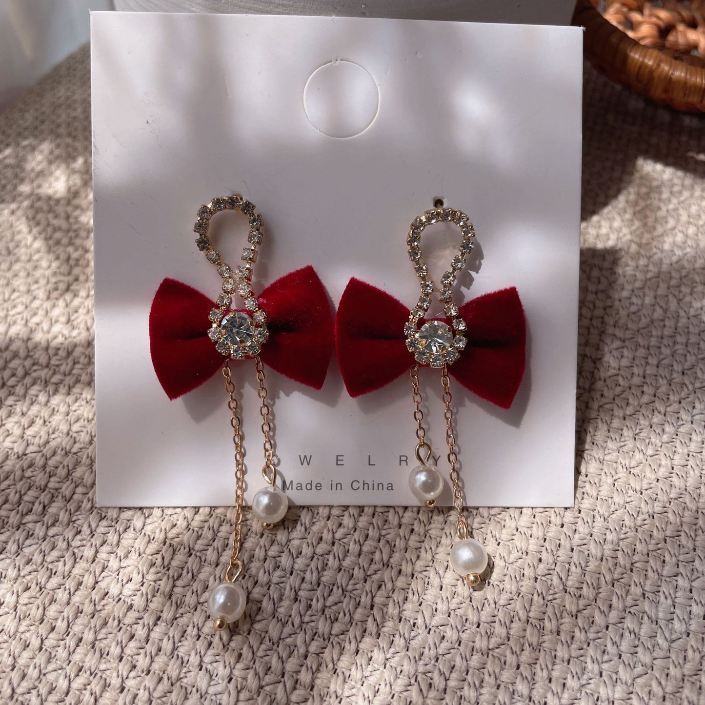 Bridal Red Veet Bow Heart Pearl Rings