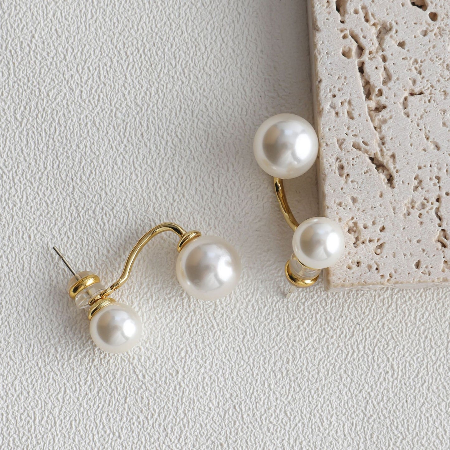 Women's Sier Pearl Double Beads Twin Elegant Earrings
