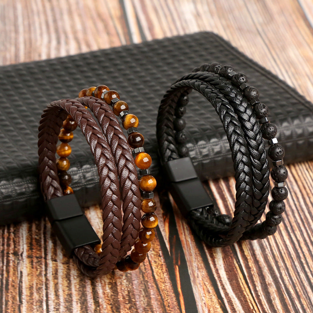 Men's Handmade Woven Tiger Eye Natural Stone Alloy Bracelets