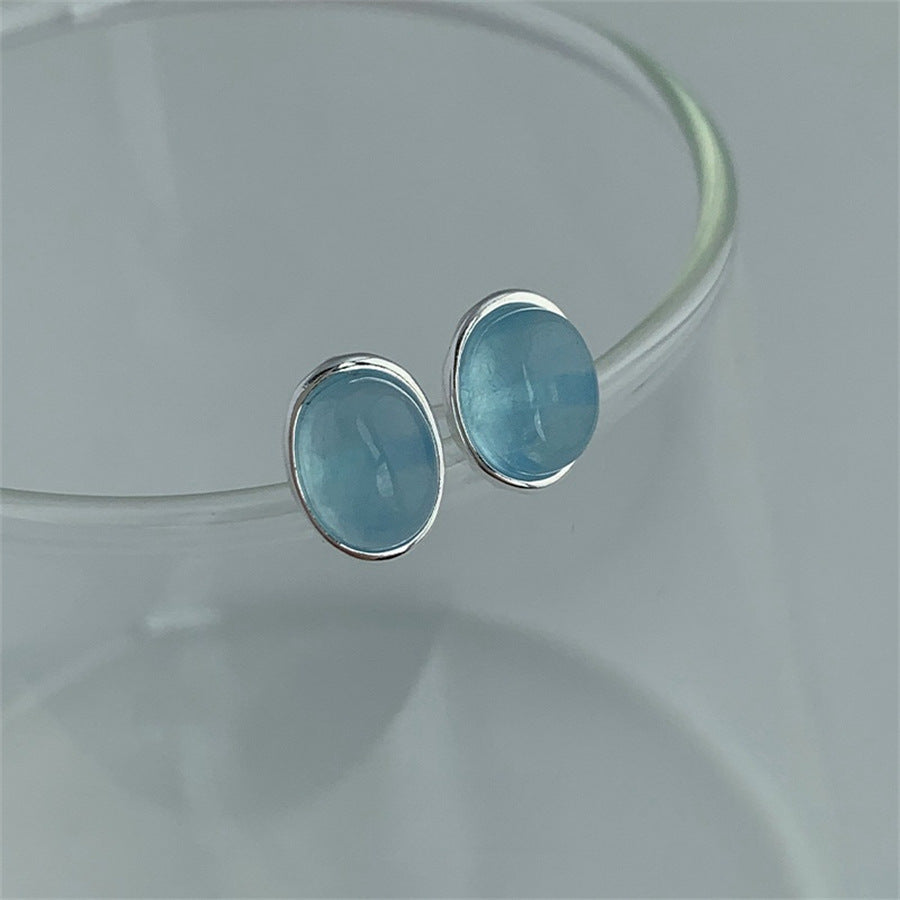 Women's Oval Aquamarine For Sterling Sier Temperamental Frosty Style Design Stud Earrings