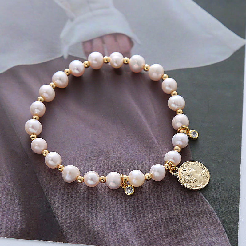 Pearl Metal Portrait Coin Zircon Simple Personality Bracelets