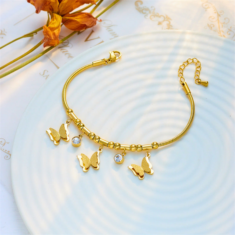 Fashion Elegant Advanced Simple Rhinestone Butterfly Beaded Titanium Bracelets