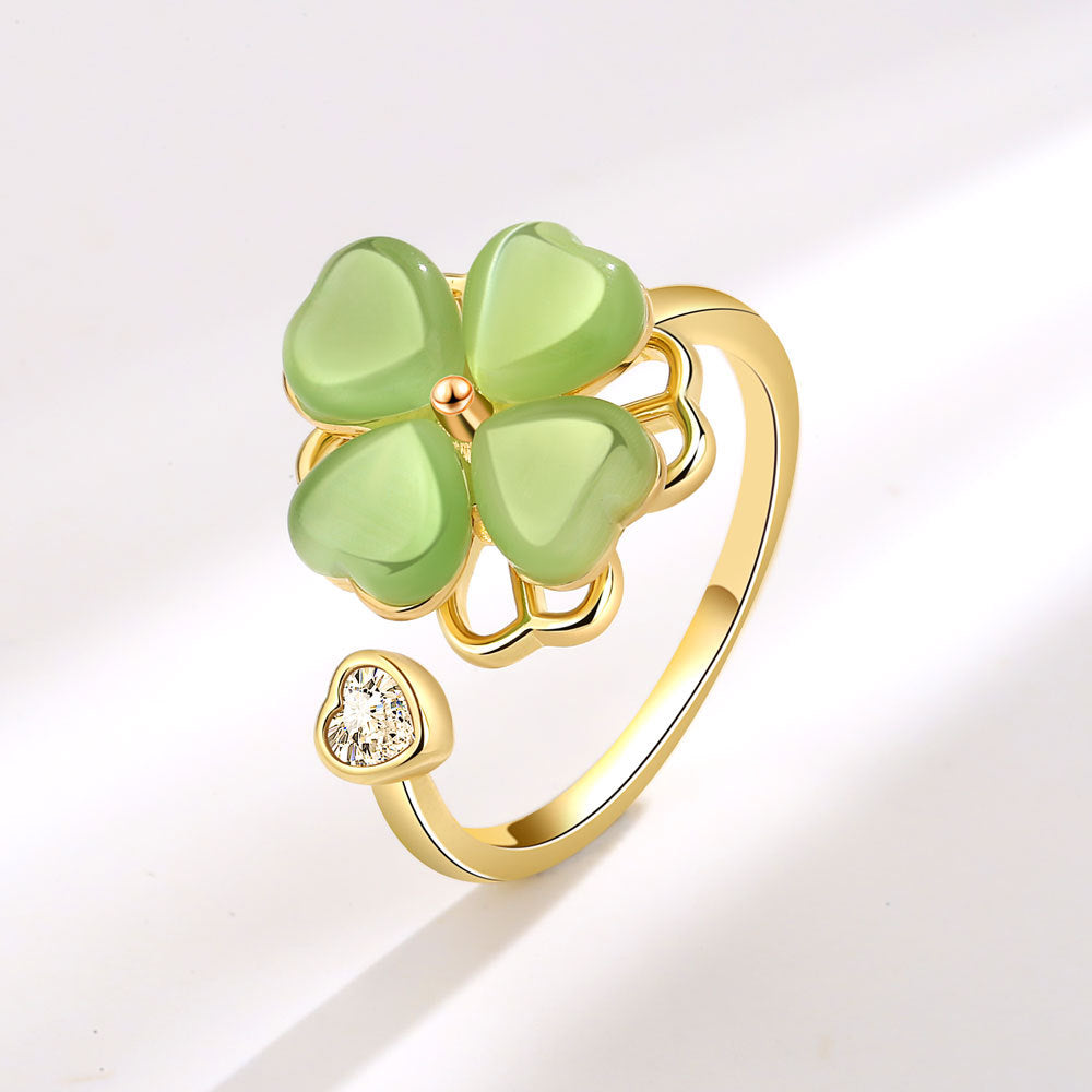 Imitation Jade Green Fresh Rotatable Four-leaf Flower Clover Rings