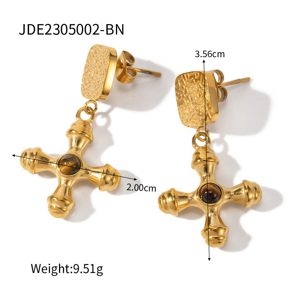 Women's Gold Stainless Steel Inlaid Tigereye Cross Earrings