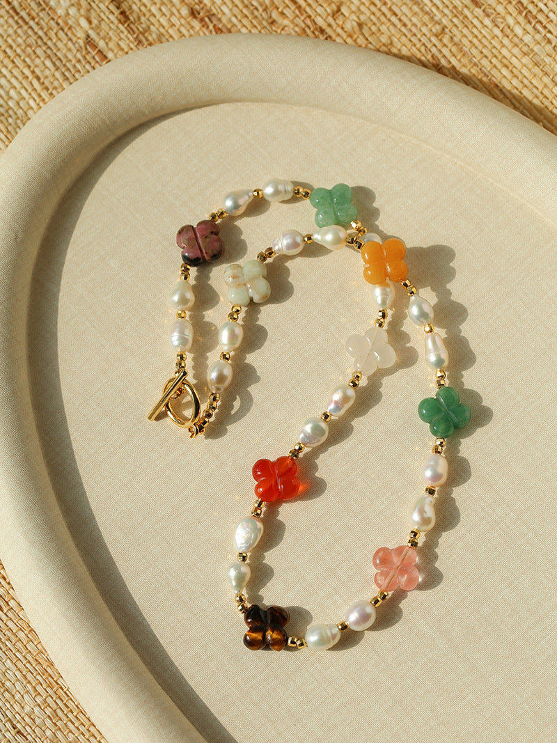 Women's Color Floret Pearl Pull High-grade Natural Stone Jewelry Set