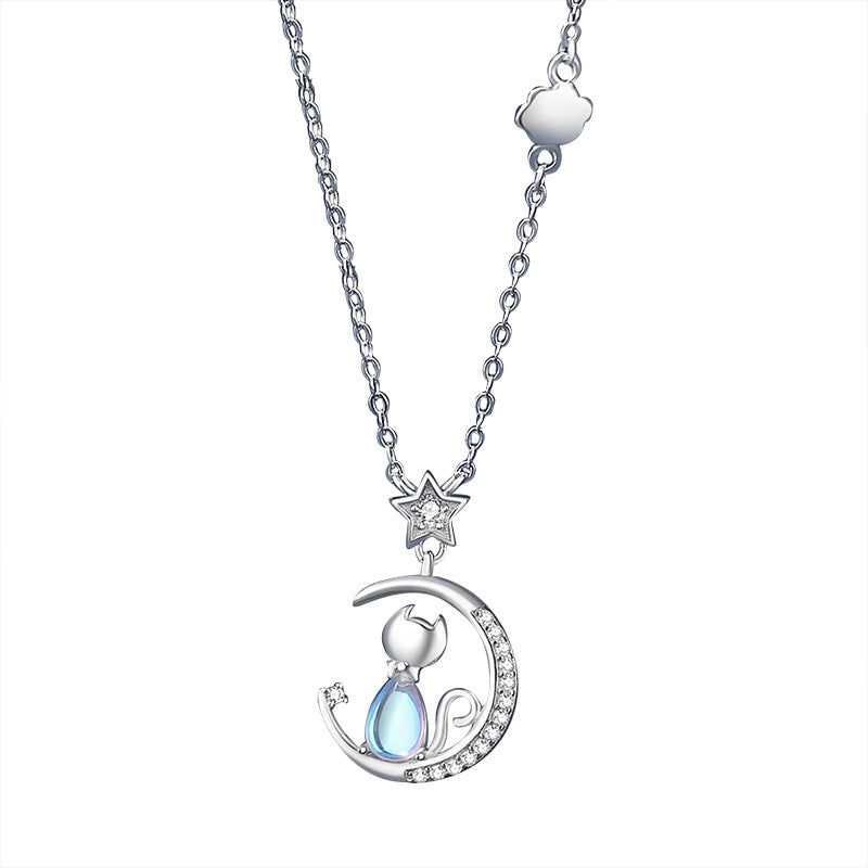 Women's Cat Sterling Sier Niche Moonstone Pendant Necklaces