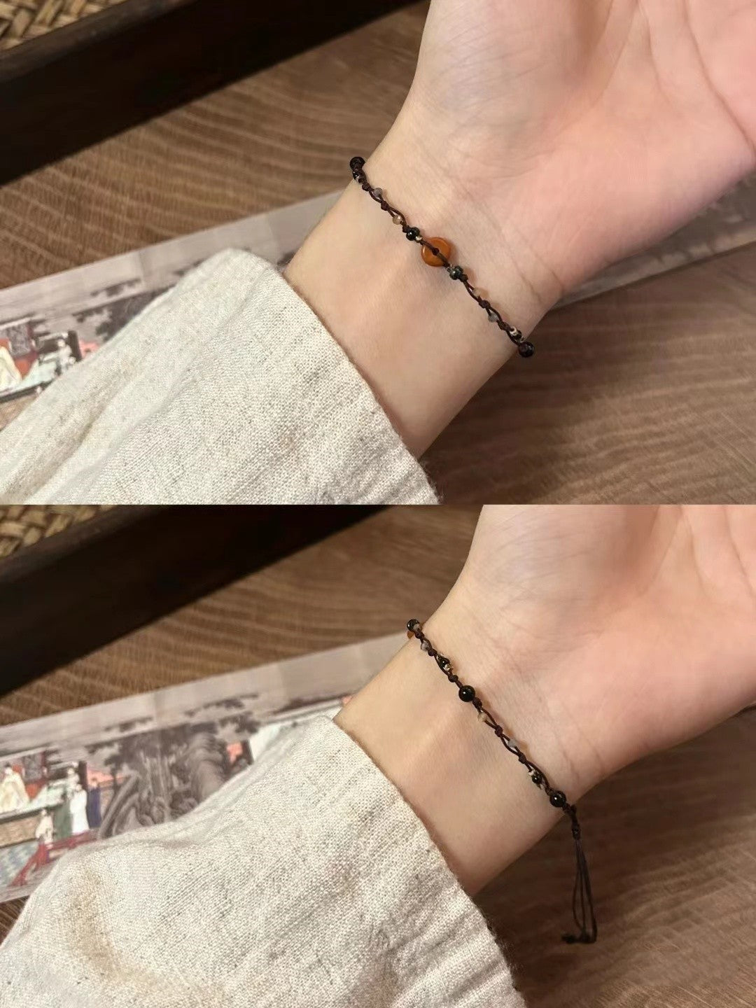 Chinesische Friedensschnalle aus Achat, handgestricktes Seil, vier Armbänder