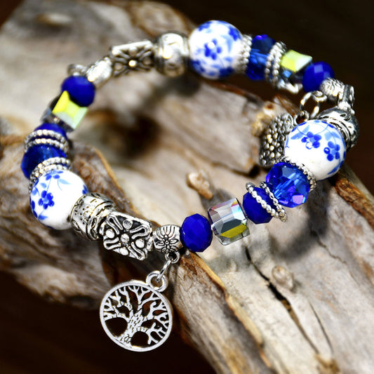 Women's Chinese Style Blue And White Porcelain Crystal Bracelets