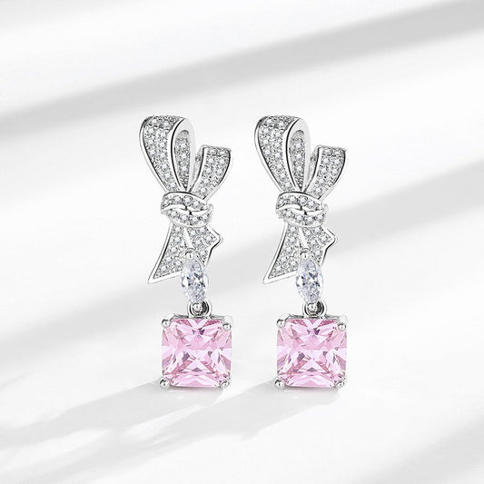 Women's Full Diamond Bow Ear Tassel Exquisite Pink Earrings