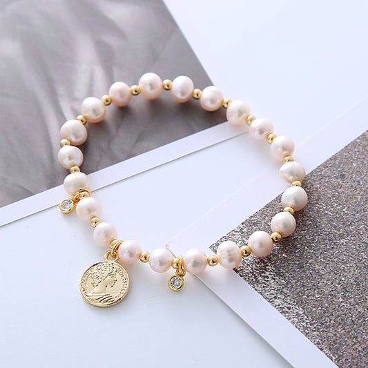 Pearl Metal Portrait Coin Zircon Simple Personality Bracelets