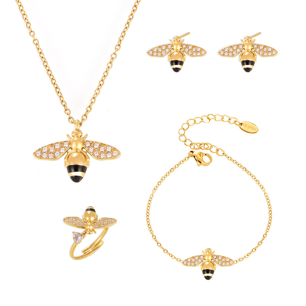Fashion Dripping Zircon Industrious Bee Textured Titanium Earrings