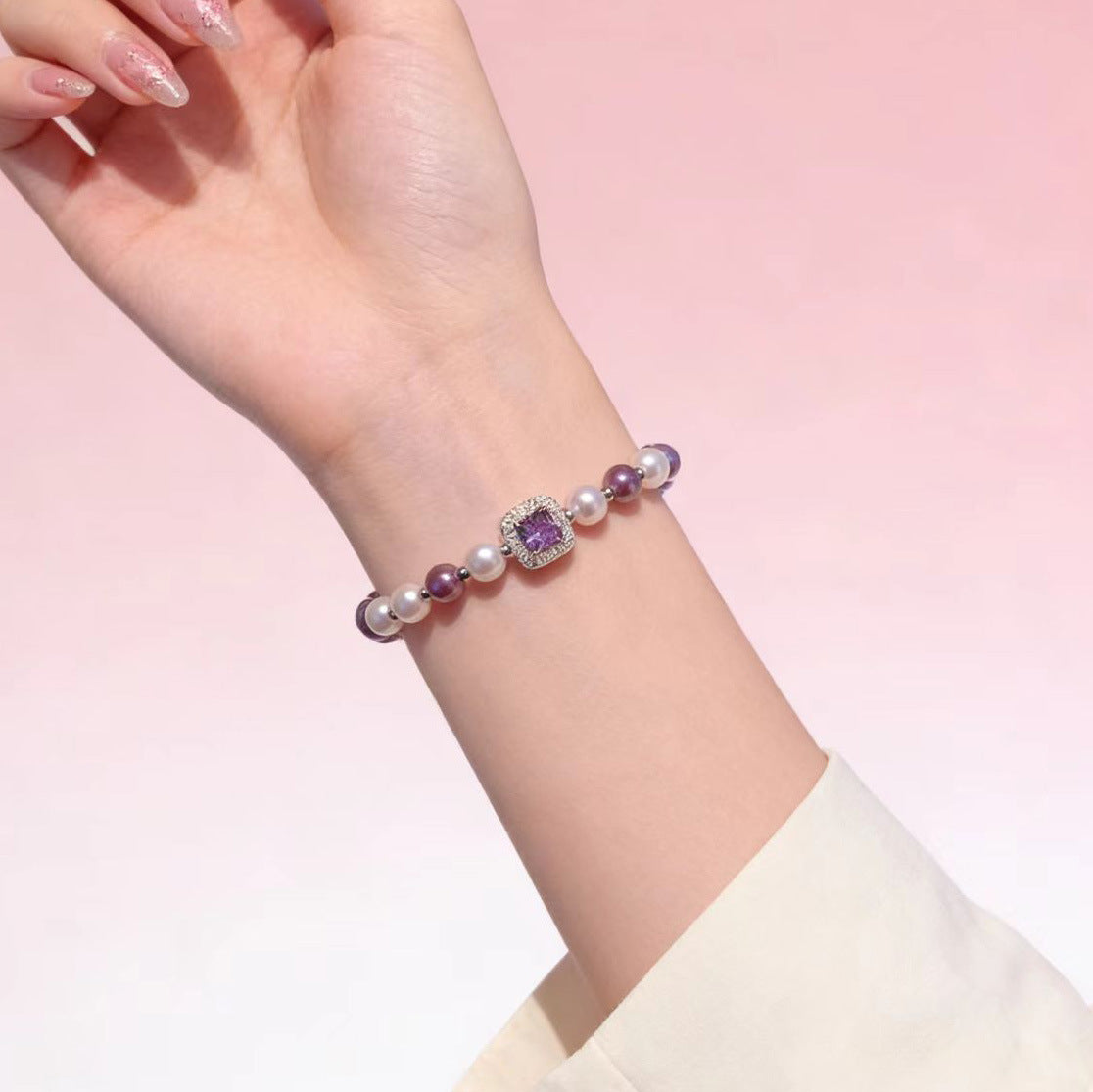 Design Purple Zircon Cube Sugar Pearl Female Light Bracelet