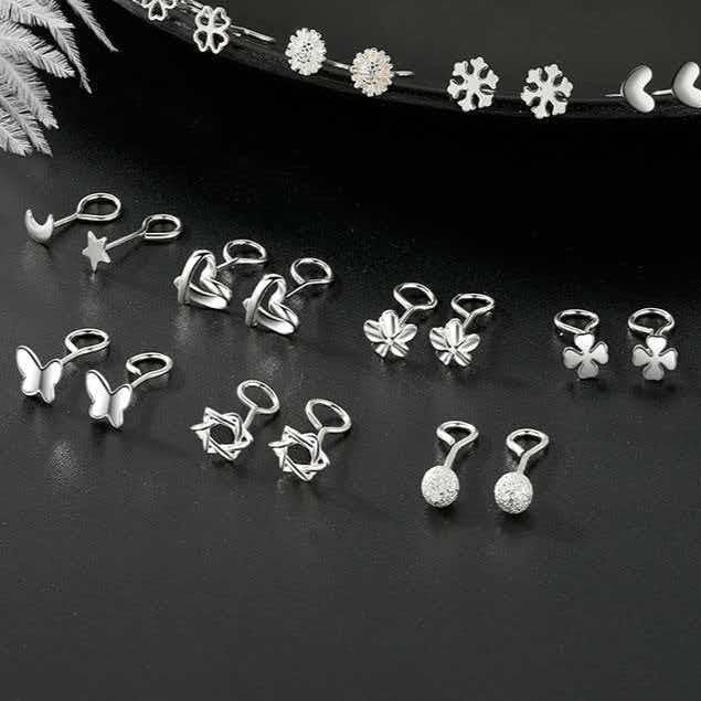 Sier-plated Engraved Female Star Moon Heart-shaped Ear Bar Mori Earrings