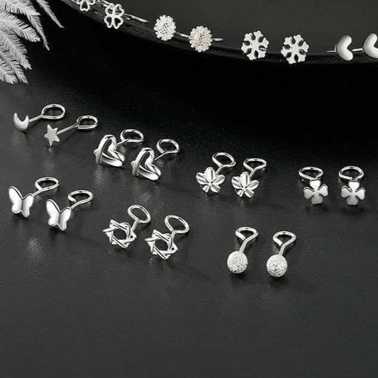 Sier-plated Engraved Female Star Moon Heart-shaped Ear Bar Mori Earrings
