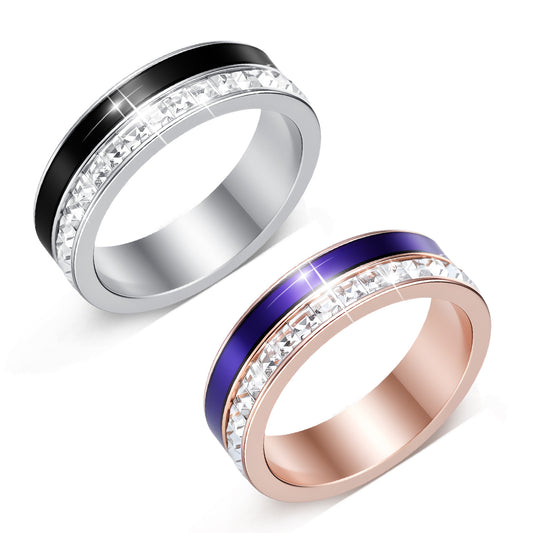 Women's Inlaid Square Diamond Drop Oil Titanium Steel Couple Wide Rings