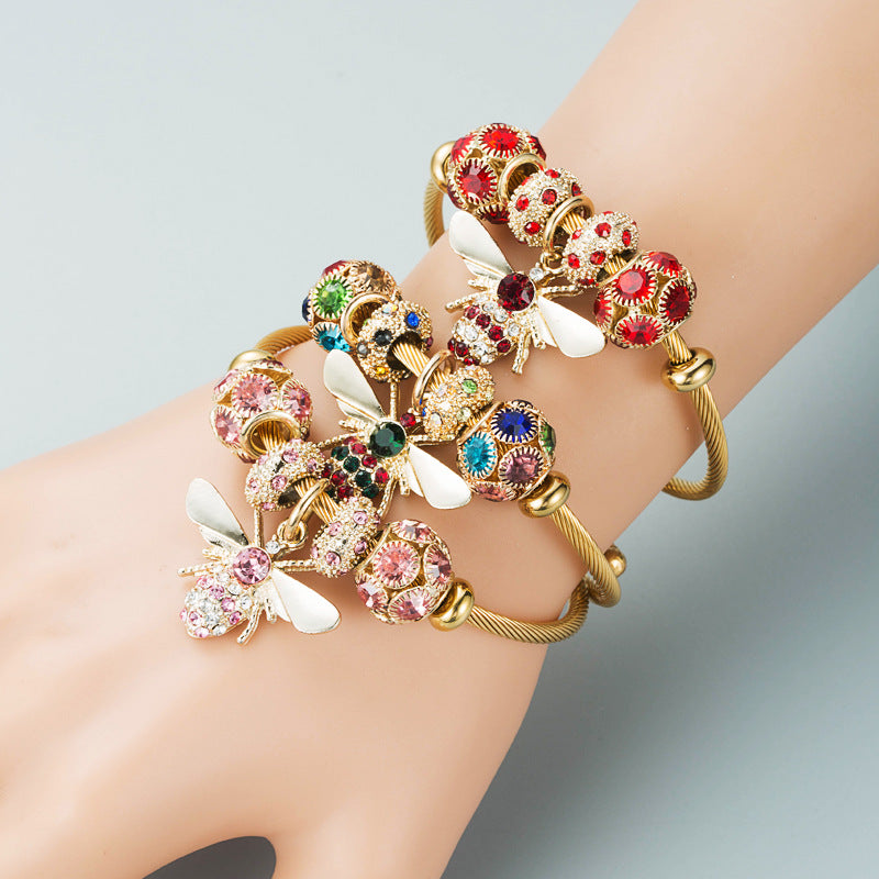 Alloy Gold Adjustable Bee Shiny Rhinestone Ball Bracelets